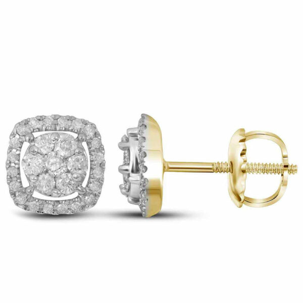 14kt Yellow Gold Womens Round Diamond Cushion Cluster Earrings 3/8 Cttw