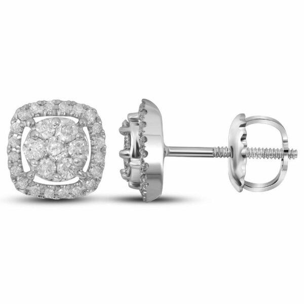 14kt White Gold Womens Round Diamond Flower Cluster Square Frame Earrings 3/8 Cttw