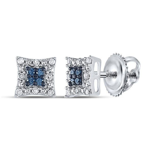 Sterling Silver Womens Round Blue Color Enhanced Diamond Square Earrings 1/10 Cttw