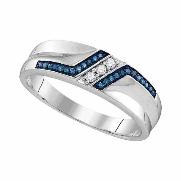 Sterling Silver Mens Round Blue Color Enhanced Diamond Wedding Band 1/5 Cttw