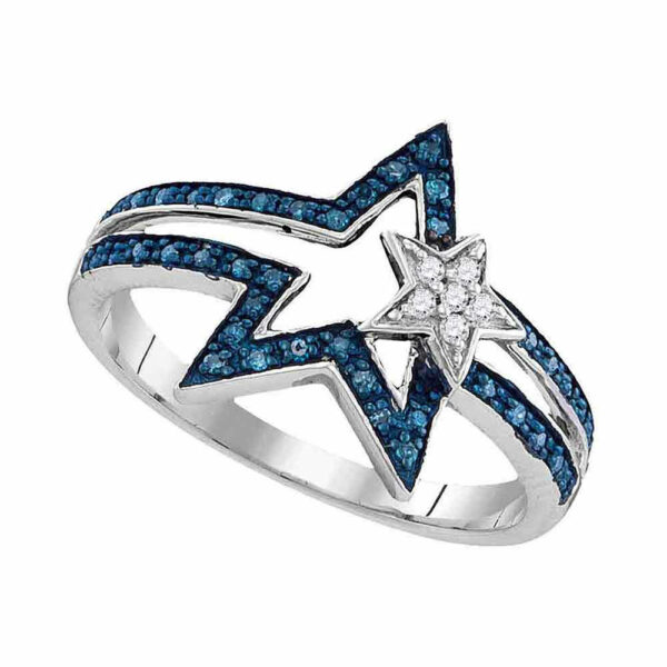 Sterling Silver Womens Round Blue Color Enhanced Diamond Double Star Ring 1/6 Cttw