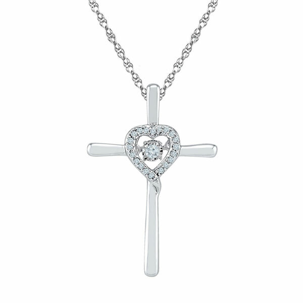 10kt White Gold Womens Round Diamond Solitaire Cross Heart Religious Pendant 1/10 Cttw