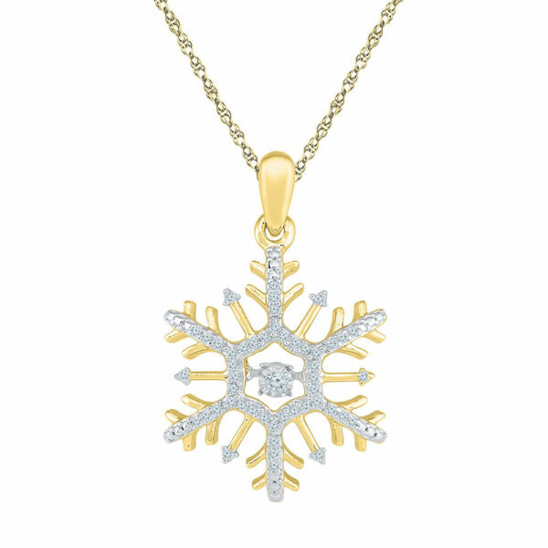 10kt Yellow Gold Womens Round Diamond Snowflake Winter Cluster Pendant 1/6 Cttw