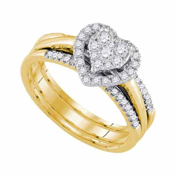 10kt Yellow Gold Diamond Heart Bridal Wedding Ring Band Set 1/2 Cttw