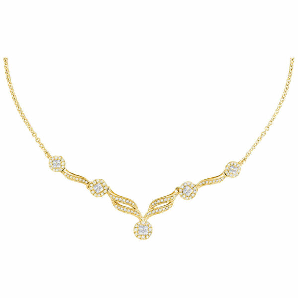 14kt Yellow Gold Womens Princess Diamond Cluster Luxury 18" Necklace 1 Cttw