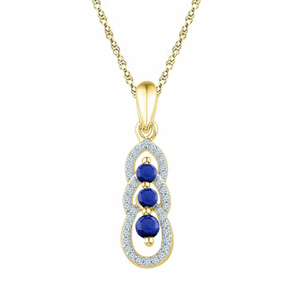 10kt Yellow Gold Womens Round Lab-Created Blue Sapphire 3-stone Pendant 1/2 Cttw