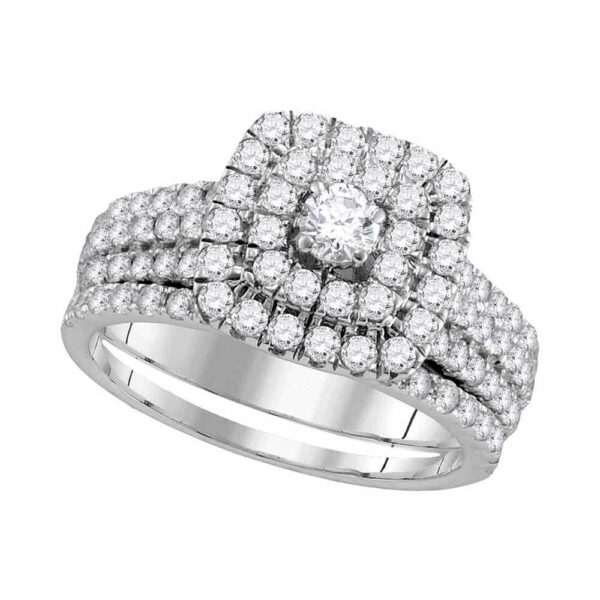 14kt White Gold Round Diamond Halo Bridal Wedding Ring Band Set 1-3/4 Cttw