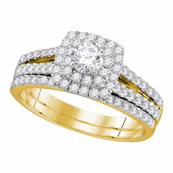 14kt Yellow Gold Round Diamond Halo Bridal Wedding Ring Band Set 1 Cttw