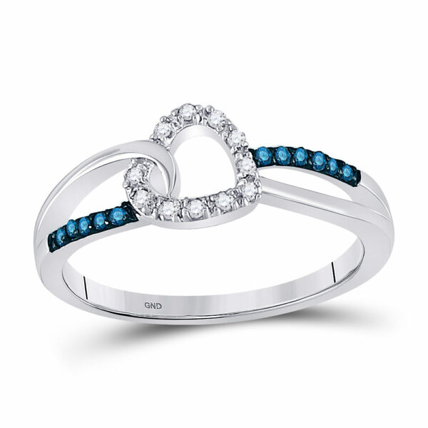 10kt White Gold Womens Round Blue Color Enhanced Diamond Captured Heart Ring 1/10 Cttw