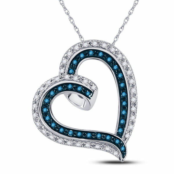 10kt White Gold Womens Round Blue Color Enhanced Diamond Heart Pendant 1/6 Cttw