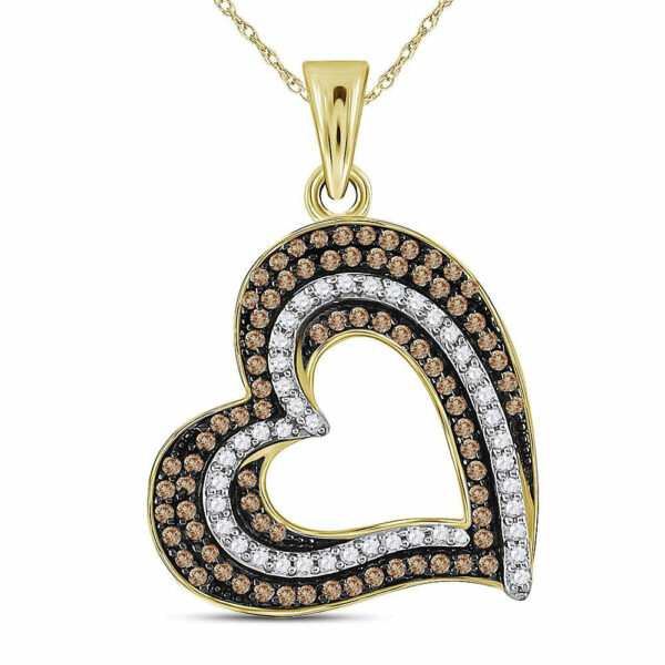 10kt Yellow Gold Womens Round Brown Diamond Heart Pendant 3/8 Cttw