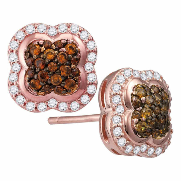 10kt Rose Gold Womens Round Brown Diamond Quaterfoil Cluster Stud Earrings 1/2 Cttw