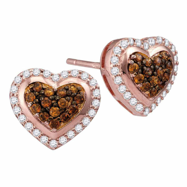 10kt Rose Gold Womens Round Brown Diamond Heart Cluster Earrings 1/2 Cttw