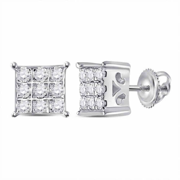 10kt White Gold Womens Round Diamond Square Cluster Earrings 1/6 Cttw