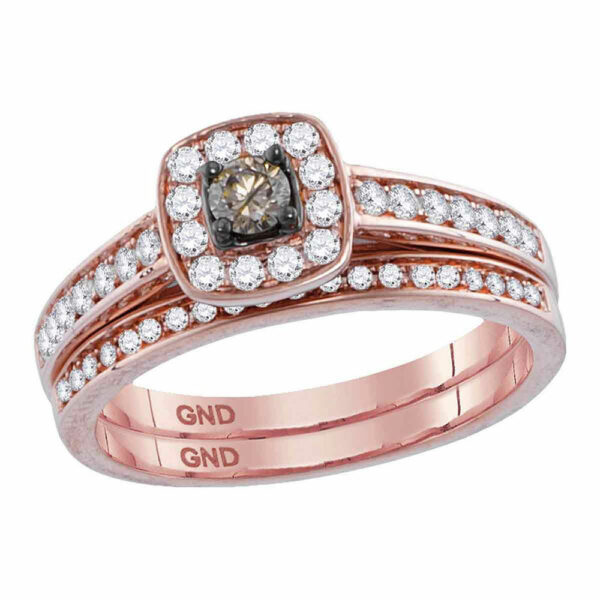 14kt Rose Gold Womens Round Brown Diamond Bridal Wedding Ring Band Set 1/2 Cttw