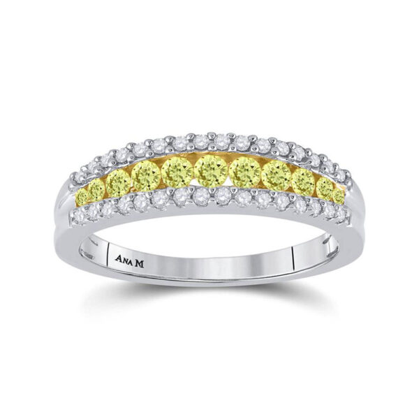 14kt White Gold Womens Round Yellow Diamond Band Ring 1/2 Cttw