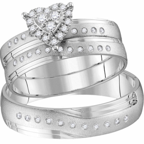 14kt White Gold His Hers Round Diamond Heart Matching Wedding Set 1/4 Cttw