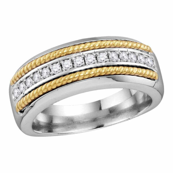 10kt White Gold Mens Round Pave-set Diamond Yellow-tone Rope Wedding Band 1/3 Cttw