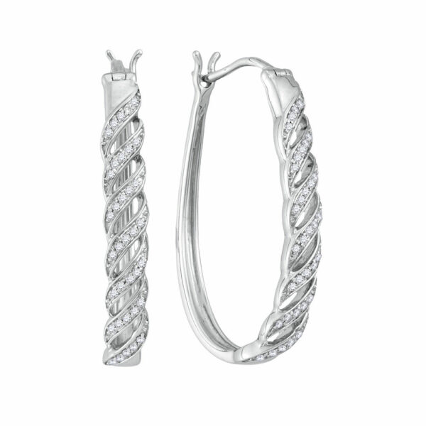 10kt White Gold Womens Round Diamond Oblong Hoop Earrings 1/5 Cttw