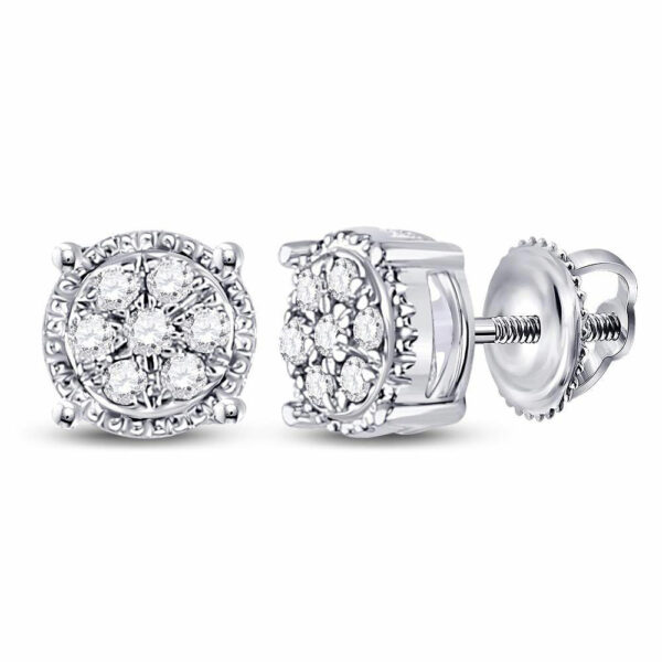 10kt White Gold Womens Round Diamond Flower Cluster Earrings 1/6 Cttw