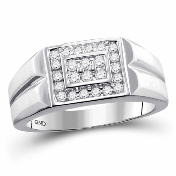 10kt White Gold Mens Round Diamond Rectangle Cluster Ring 3/8 Cttw