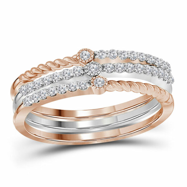 10kt Two-tone White Rose Gold Womens Round Diamond Stackable Band Set 1/4 Cttw