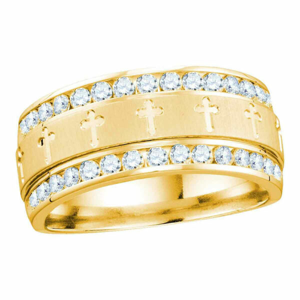 14k Yellow Gold Mens Round Diamond Grecco Cross Wedding Anniversary Band Ring 1 Cttw