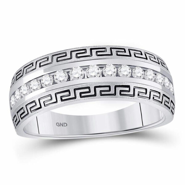 14kt White Gold Mens Round Diamond Greek Key Single Row Wedding Band Ring 1/2 Cttw