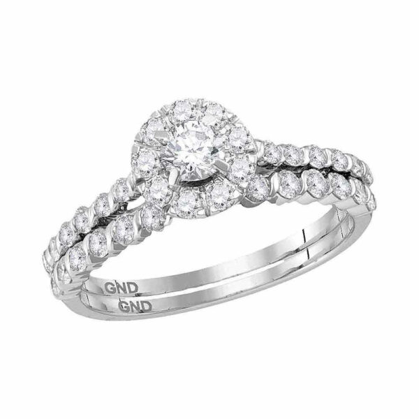 14kt White Gold Round Diamond Halo Bridal Wedding Ring Band Set 1 Cttw