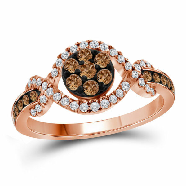 10kt Rose Gold Womens Round Brown Diamond Flower Cluster Ring 1/2 Cttw