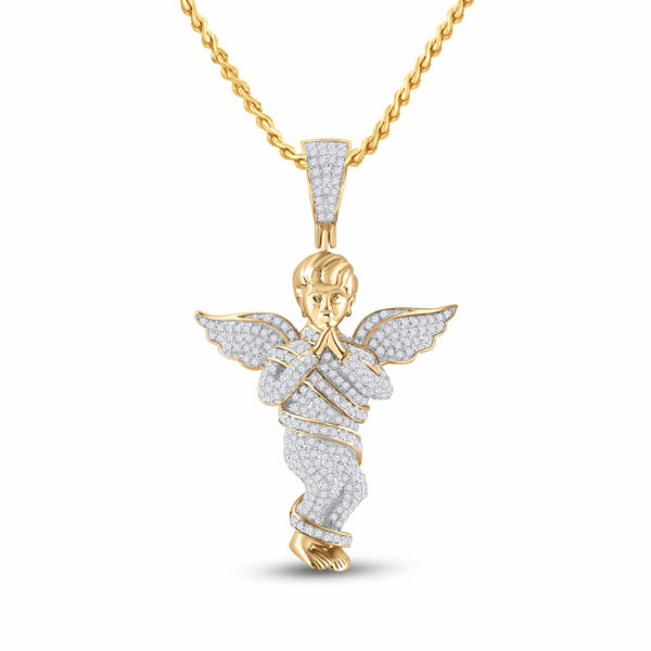 10kt Yellow Gold Mens Round Diamond Praying Angel Wings Charm Pendant 7/8 Cttw