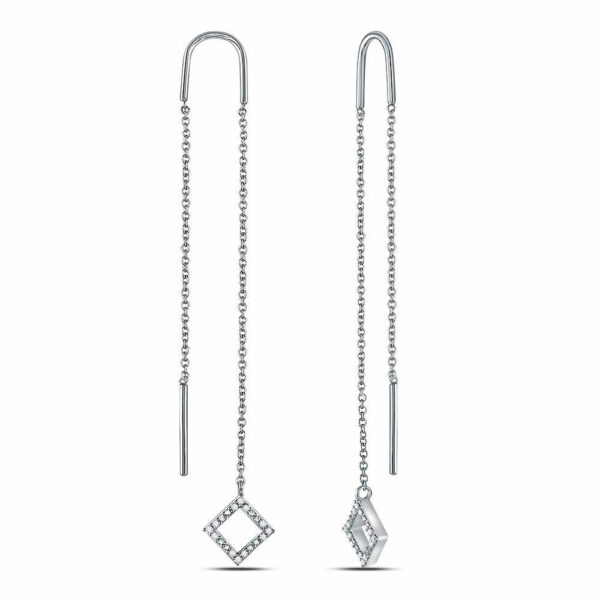 10kt White Gold Womens Round Diamond Threader Square Dangle Earrings 1/10 Cttw