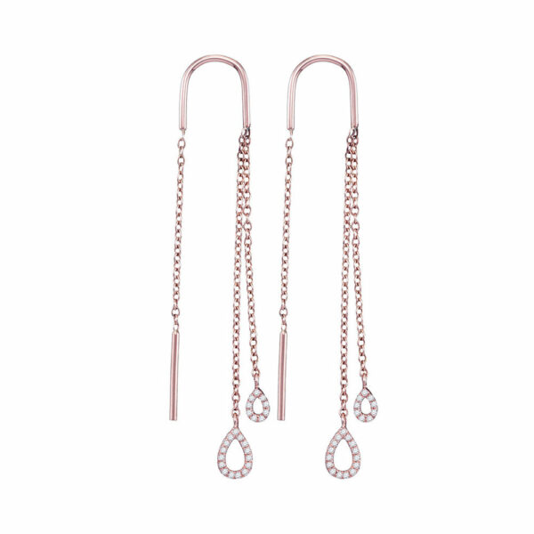 10kt Rose Gold Womens Round Diamond Double Teardrop Dangle Threader Earrings 1/8 Cttw