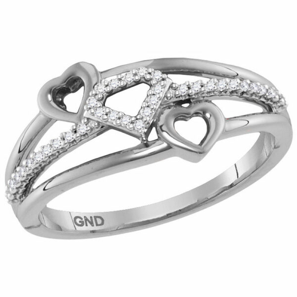 10kt White Gold Womens Round Diamond Double Heart Striped Band Ring 1/10 Cttw