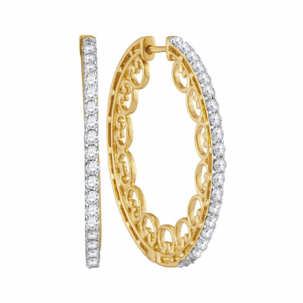 10kt Yellow Gold Womens Round Diamond Single Row Luxury Hoop Earrings 1 Cttw