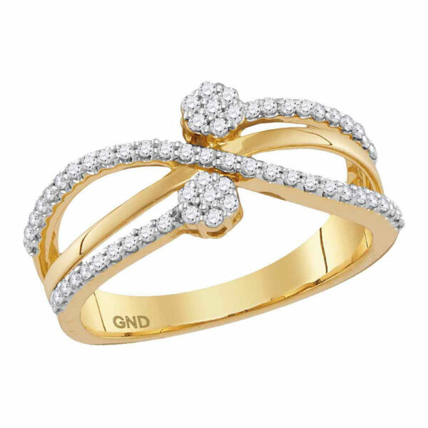 10kt Yellow Gold Womens Round Diamond Flower Cluster Crossover Band Ring 1/3 Cttw