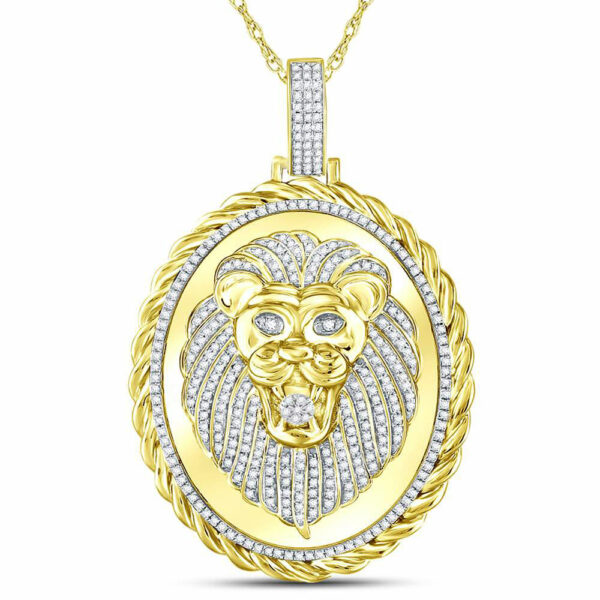 10kt Yellow Gold Mens Round Diamond Oval Lion Face Rope Charm Pendant 1 Cttw