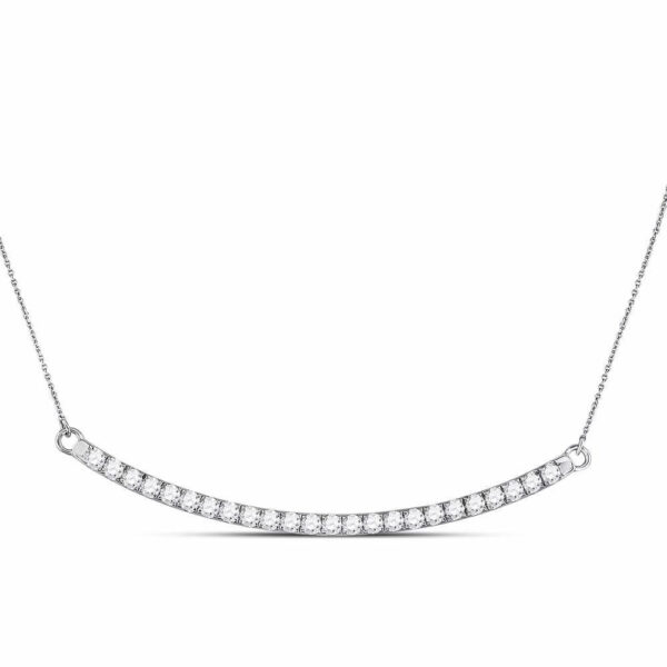 14kt White Gold Womens Round Diamond Curved Single Row Bar Necklace 1 Cttw