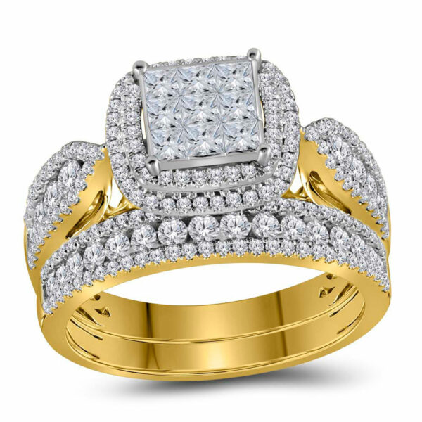 14kt Yellow Gold Princess Diamond Bridal Wedding Ring Band Set 1-1/2 Cttw