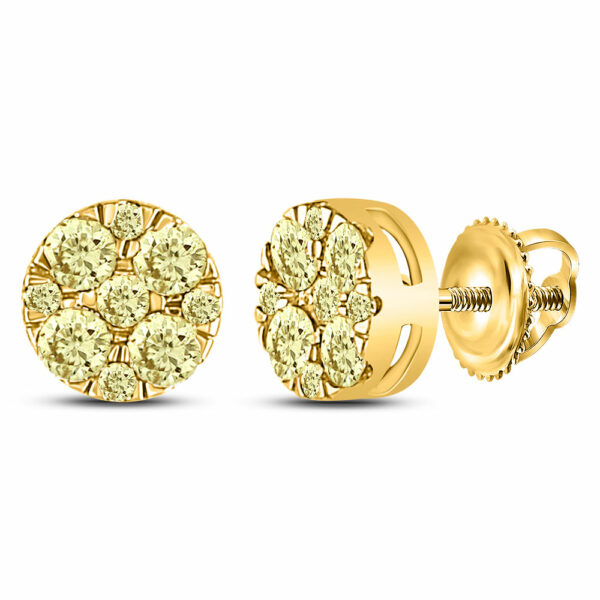 14kt Yellow Gold Womens Round Yellow Diamond Cluster Earrings 1/2 Cttw