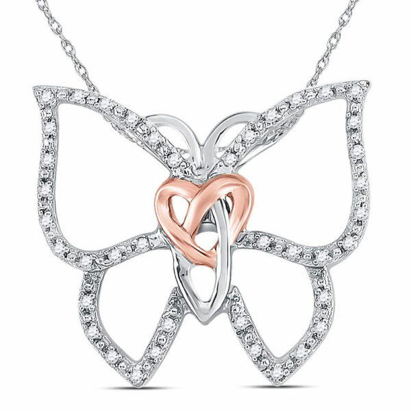 Sterling Silver Womens Round Diamond Butterfly Bug Heart Pendant 1/10 Cttw