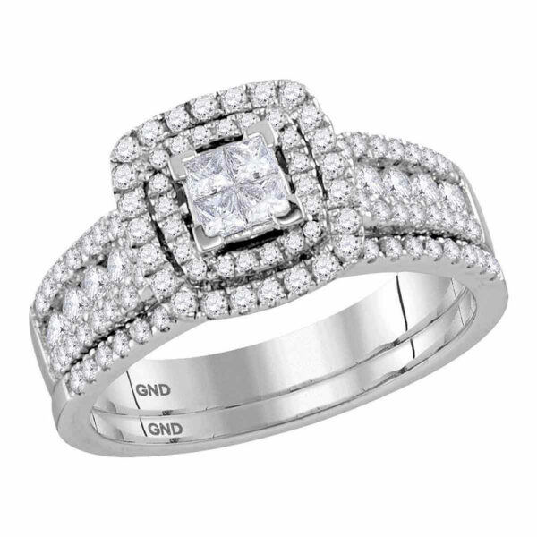 14kt White Gold Princess Diamond Bridal Wedding Ring Band Set 1 Cttw