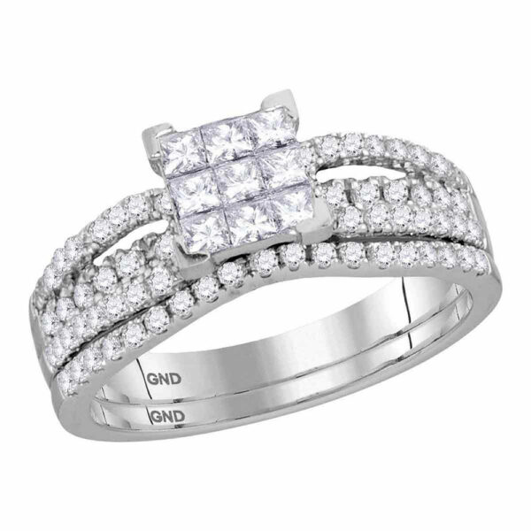 14kt White Gold Princess Diamond Cluster Bridal Wedding Ring Band Set 1 Cttw