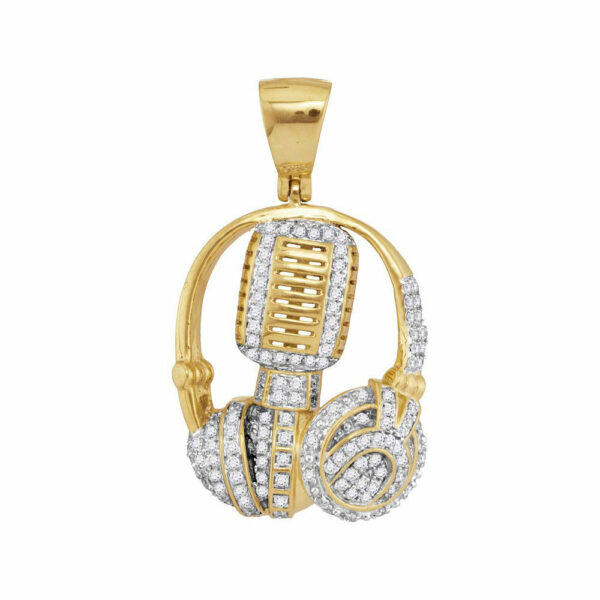 10kt Yellow Gold Mens Diamond Mic Headphone DJ Music Charm Pendant 1 Cttw