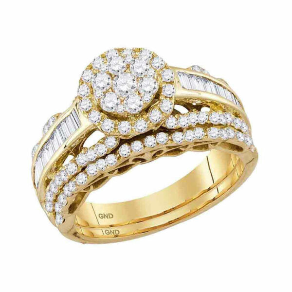 14kt Yellow Gold Round Diamond Cluster Bridal Wedding Ring Band Set 1-1/2 Cttw