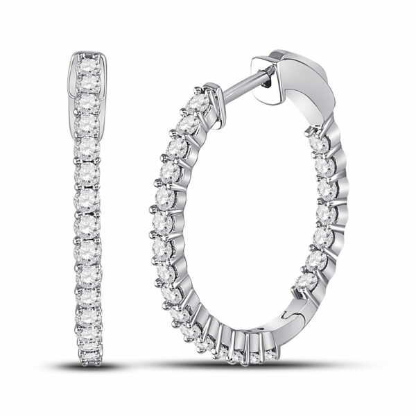 14kt White Gold Womens Round Diamond Single Row Hoop Earrings 1-1/2 Cttw