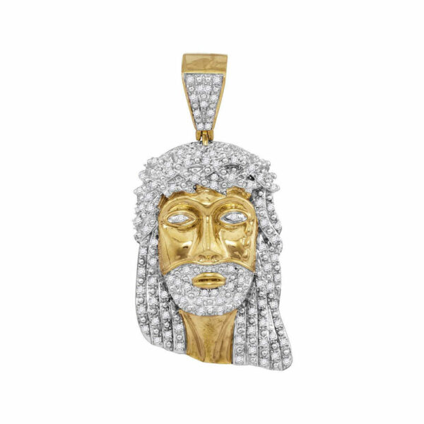 10kt Yellow Gold Mens Round Diamond Jesus Face Charm Pendant 7/8 Cttw