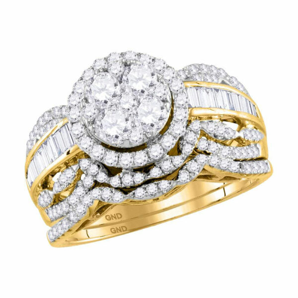 14kt Yellow Gold Round Diamond Cluster Bridal Wedding Ring Band Set 1-1/2 Cttw