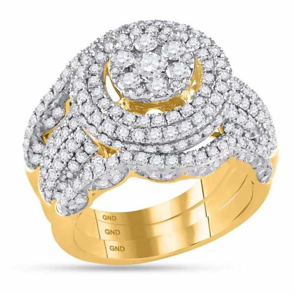 14kt Yellow Gold Round Diamond Cluster Bridal Wedding Ring Band Set 2-1/2 Cttw