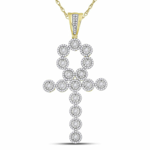 14kt Yellow Gold Mens Round Diamond Ankh Cross Charm Pendant 2-3/4 Cttw